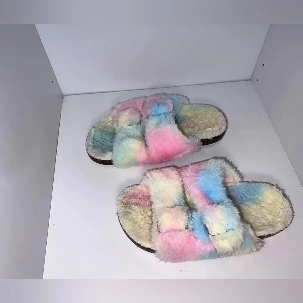 Faux fur pastel elastic double buckle slip on sandals, girls size 13/ 1 - Picture 3 of 10